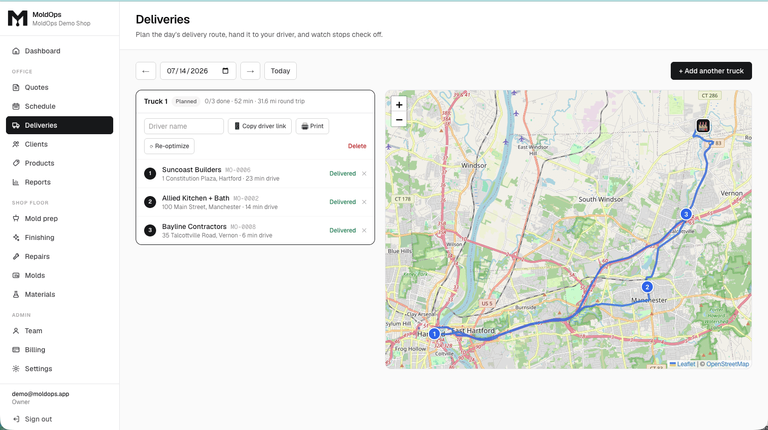 MoldOps delivery route planning — a day's stops optimized into a driving route, drawn on a map with numbered stops and per-stop drive times